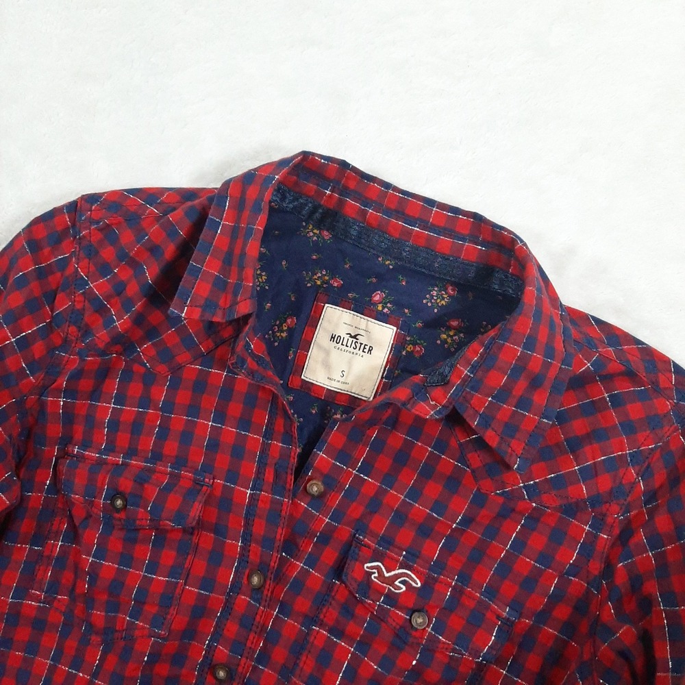 Hollister Womens Plaid Western Shirt Red Navy Blue Silver Lurex Thread Small
